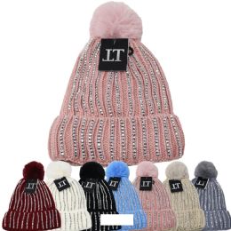 12 Bulk Women's Winter Knitted Hats With Pompoms And Fleece Lining In Assorted Colors