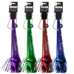 48 Bulk Party Horn New Year 13.5in/4ast Solid Shiny Colors W/print & Fringe/ny Tcd