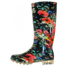 24 Bulk Women's Super Soft Rubber Rain Boot Black Floral 5-10