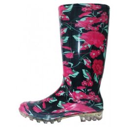 24 Bulk 13.5 Inches Soft Rubber Rain Boot 6-11 Black Red Floral
