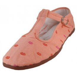 36 Bulk Women's Red Lips on Pink T-Trap Cotton Upper Mary Janes