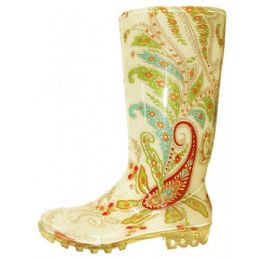 24 Bulk 13.5 Inches Rubber Printed Rain Boot 6-11 Beige Paisley