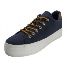 24 Bulk Women's Lace Up Flatform Canvas Shoes Navy