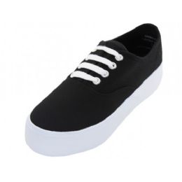 24 Bulk Women's Lace Up Flatform Canvas Shoe Black 7-10