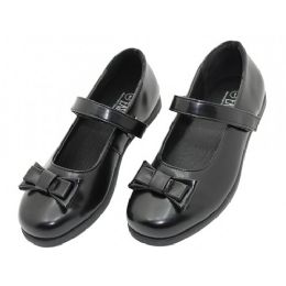 24 Bulk Big Girl's Pu Upper Mary Jane With Bow Top Black School Shoes In Black