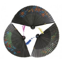 240 Bulk 12 Inch Bamboo Silk Hand Fans With Flower Print In Black