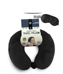 24 Bulk Black Travel Neck Pillow And Eye Mask Set - Memory Foam Pillow 2 Piece Set In Velvet With Eye Mask
