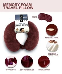 24 Bulk Burgundy Travel Neck Pillow And Eye Mask Set - Memory Foam Pillow 2 Piece Set In Velvet With Eye Mask