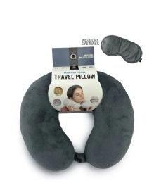 24 Bulk Gray Travel Neck Pillow And Eye Mask Set - Memory Foam Pillow 2 Piece Set In Velvet With Eye Mask