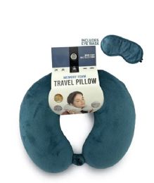 24 Bulk Teal Travel Neck Pillow And Eye Mask Set - Memory Foam Pillow 2 Piece Set In Velvet With Eye Mask