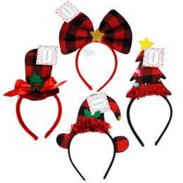 24 Bulk Headband Christmas Buffalo Check 4 Asst Tree/elf/tophat/bow Ht/jhook