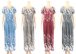 12 Bulk Floral Leaf Print Long Dress Short Sleeves Assorted