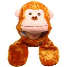 12 Bulk Plush Monkey Hat With Paw Mittens