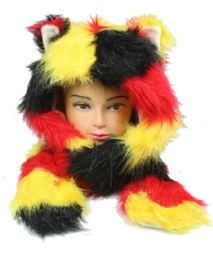 12 Bulk Multicolor Plush Hat With Paw Mittens