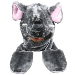 12 Bulk Elephant Plush Hat With Paw Mittens