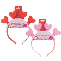 24 Bulk Light Up Headband Valentine W/3 Function Led Hearts & Tinsel Trim In 12pc Pdq