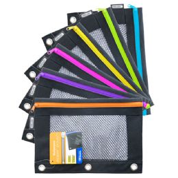 144 Bulk Noir Neon 3-Ring Pencil Pouch W/ Mesh Window