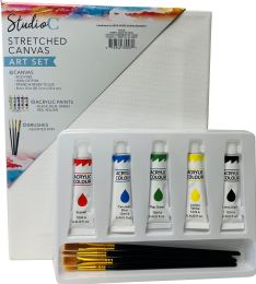 24 Bulk Stretched Canvas Art Set 10 Pieces                                   1 Canvas 8 X 10 Inch                                                                 4 Assorted Sized Brushes