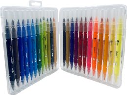 48 Bulk Double Sided Brush Tip Markers - 24ct - Reusable Plastic Carrying Case