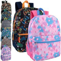 24 Bulk 17-Inch Printed Backpack W Side Mesh Pockets 8 Printed Assortment