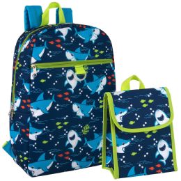 24 Bulk 16 Inch Printed Backpack With Matching Lunch Bag Shark Only