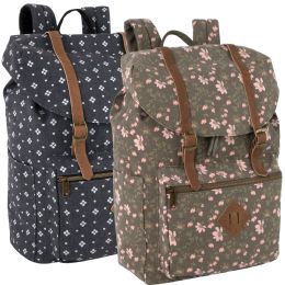 24 Bulk 17 Inch Cotton Floral Printed Flap Backpack W Laptop Section - 2 Colors