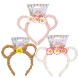 24 Bulk Lamb Ear Headband W/ Flowers Accent 3 Asst Colors / Barbell Header Card