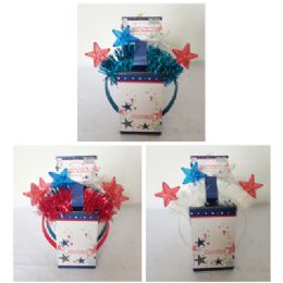 24 Bulk Patriotic Light Up Star Headband W/tinsel Trim 3 Function Led On 12pc Pdq 3asst Color