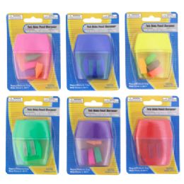 36 Bulk Pencil Sharpener Twin Hole W/bonus 4pc Cap Eraser Or Mini Sharpener Ast Clrs/blc