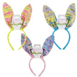 24 Bulk Bunny Ear Headband 3 Ast Sequin Front / Satin Back Ears / Header