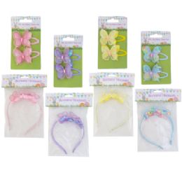 48 Bulk Butterfly Headband / 2pk Hairclip 4 Asst Pastel Colors