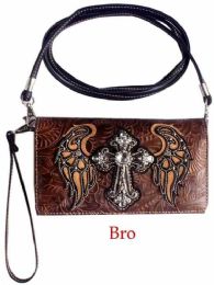 3 Bulk Rhinestone Cross With Angel Wings Wallet Purse