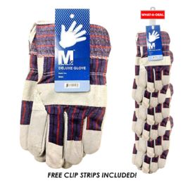 24 Bulk 24 Pc Leather Palm Work Gloves With 2 Clip Strips