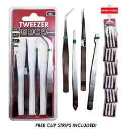 36 Bulk 36pcs 4 Pack 4.5" Tweezers Set With 3 Clip Strips
