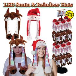 72 Bulk 72pc Long Santa & Reindeer Light Up Hat Display