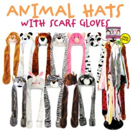 72 Bulk 72pc Animal Head Hats With Scarf & Gloves Display Rack