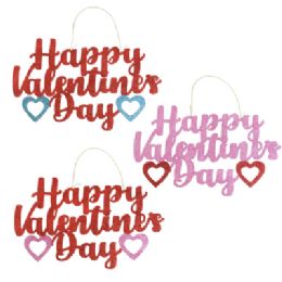24 Bulk Happy Valentines Day Glitter Sign 3ast 17.5 X 11in Opp Bag/hdr