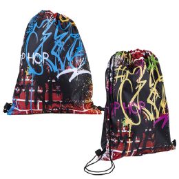 144 Bulk Graffiti Print Drawstring Backpack 16 X 13"