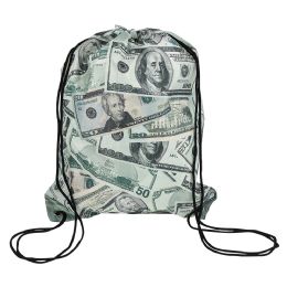 144 Bulk Money Print Drawstring Backpack 16 X 13"
