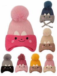 72 Bulk Baby Knit Beanie With Ear Flaps And Pom Pom