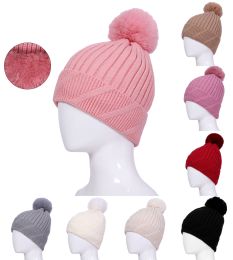 36 Bulk Women's Warm Fleece Lined Knit Beanie With Pom Pom