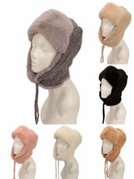 72 Bulk Faux Fur Trapper Hat With Knit Ear Flaps & Chin Ties