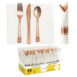 6 Bulk Pre -Rolled Napkin And Plastic Cutlery 50sets - Rose Gold