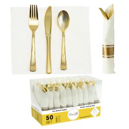 6 Bulk Pre -Rolled Napkin And Plastic Cutlery 50sets - Gold