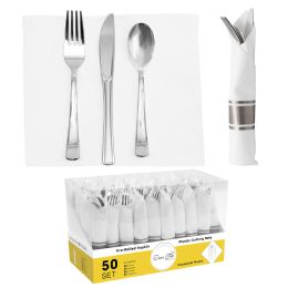 6 Bulk Pre -Rolled Napkin And Plastic Cutlery 50sets - Silver