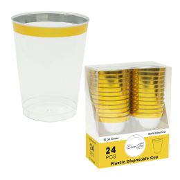 12 Bulk Plastic Disposable Cups With Gold Rim 10oz 24pc