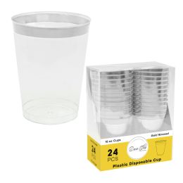 12 Bulk Plastic Disposable Cups With Silver Rim 10oz 24pc/pack
