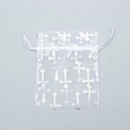 20 Bulk Organza Sheer Bags With Printed Metallic Crosses 4" X 5" - 12 pc