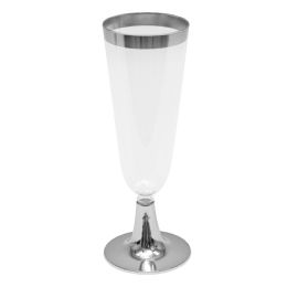 12 Bulk Plastic Champagne Flutes With Metallic Trim 6 inch 12pc/pack - Silver