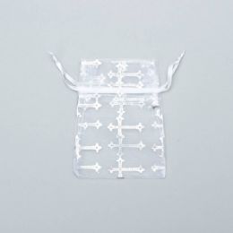 20 Bulk Organza Sheer Bags With Printed Metallic Crosses 3 inch X 4 inch- 12p 12pc Pack